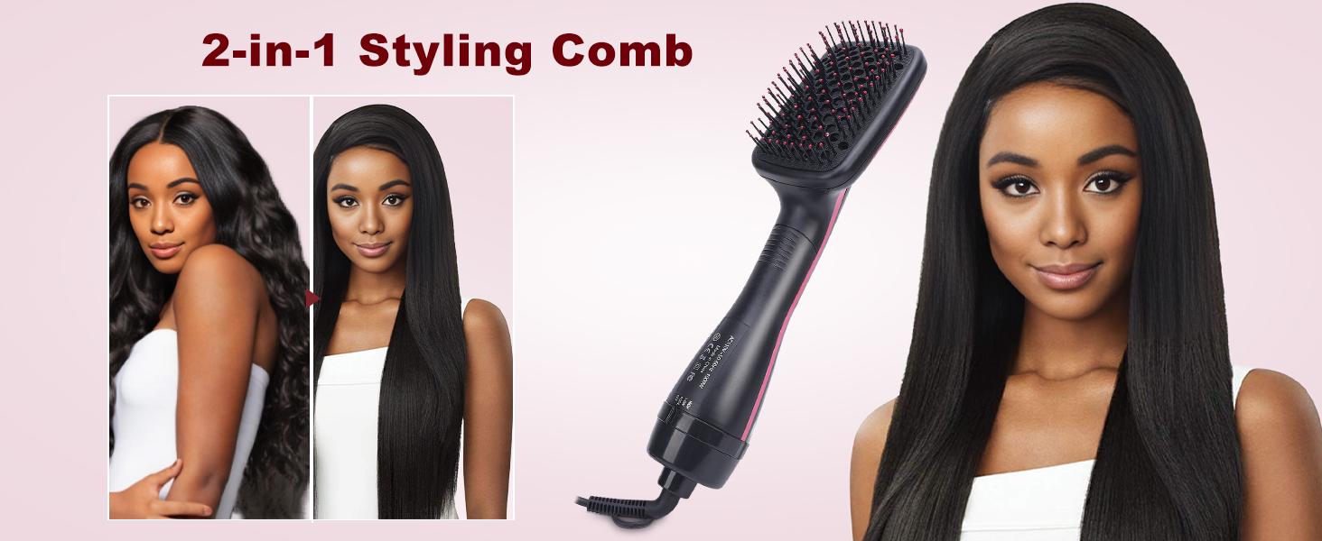 2 in 1 Hair Dryer Brush & Straightener Brush, Hair Dryer and Styler, Negative Ion Blow Dryer Brush, Hot Air Brush Detangles, Dries, Smooths, Reduce Frizz & Static