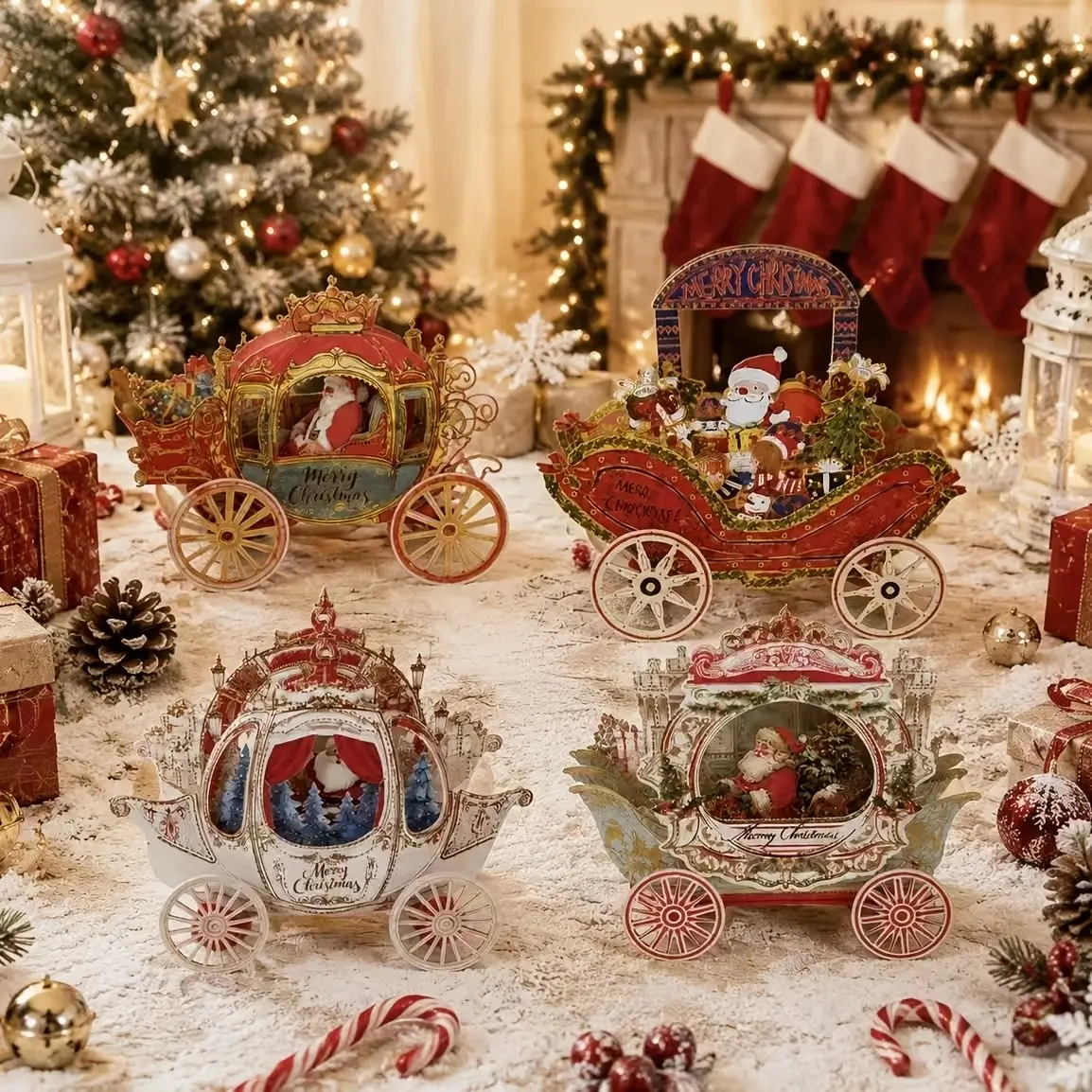 3D Christmas Pop-Up Greeting Card, Creative Holiday Paper Card Featuring an Elegant Carriage Design, Festive Decorative Card for Christmas Celebrations, Surprise Message Card