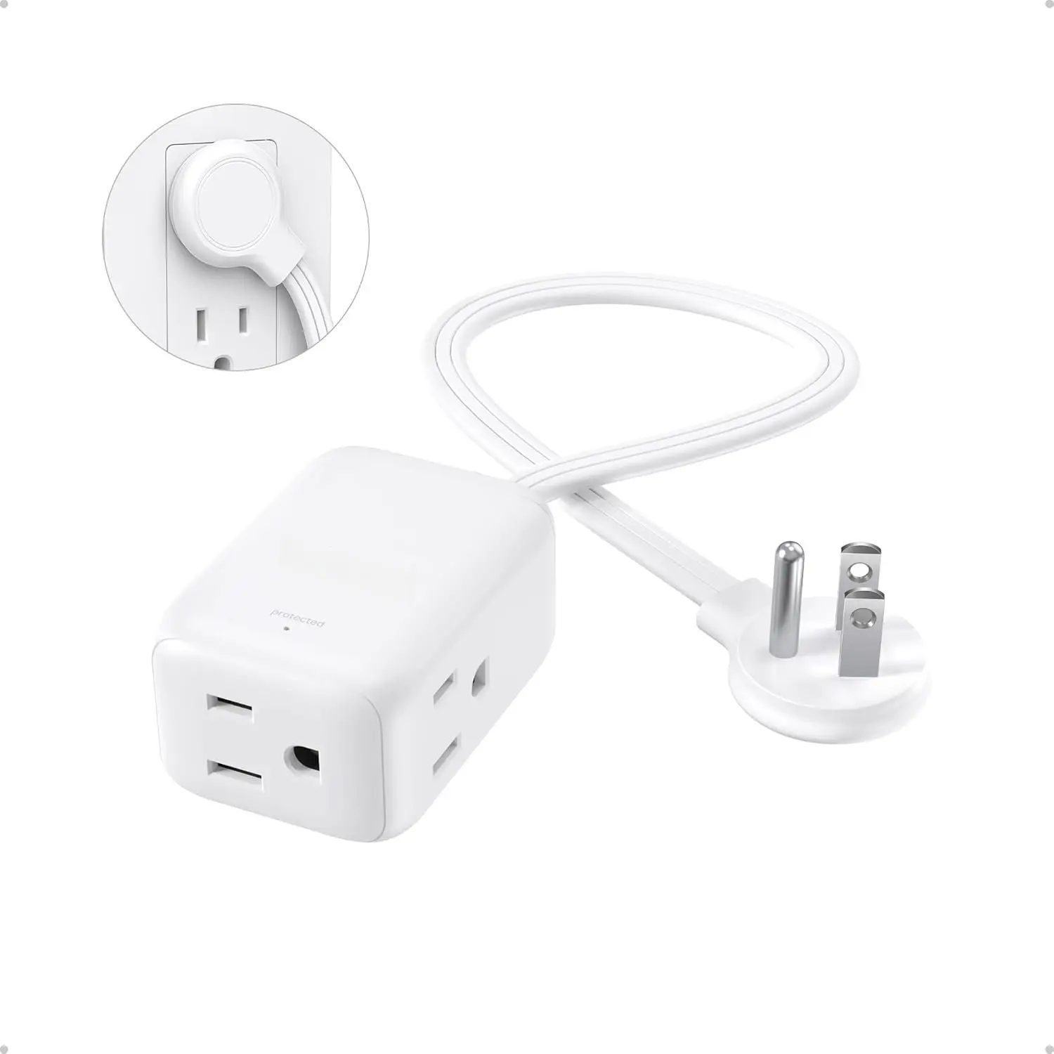 Flat Extension Cord with 3 Outlets, 3ft Short Extension Cord, 900J Surge Protector, ETL Listed, 13A/1625W, Right Angle Flat Flexible Wall Plug, Ideal for Kitchen Bathroom Tight Spaces, White