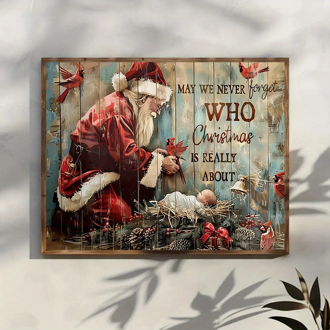 Rustic Farmhouse Christmas Canvas Print - 12x16in Frameless Decorative Art, Artistic Room Art with Santa Claus, Birds, Family Text, Heartwarming Quotes, Farm Decor, Home Inspo Decoration, Indoor Holiday Gift