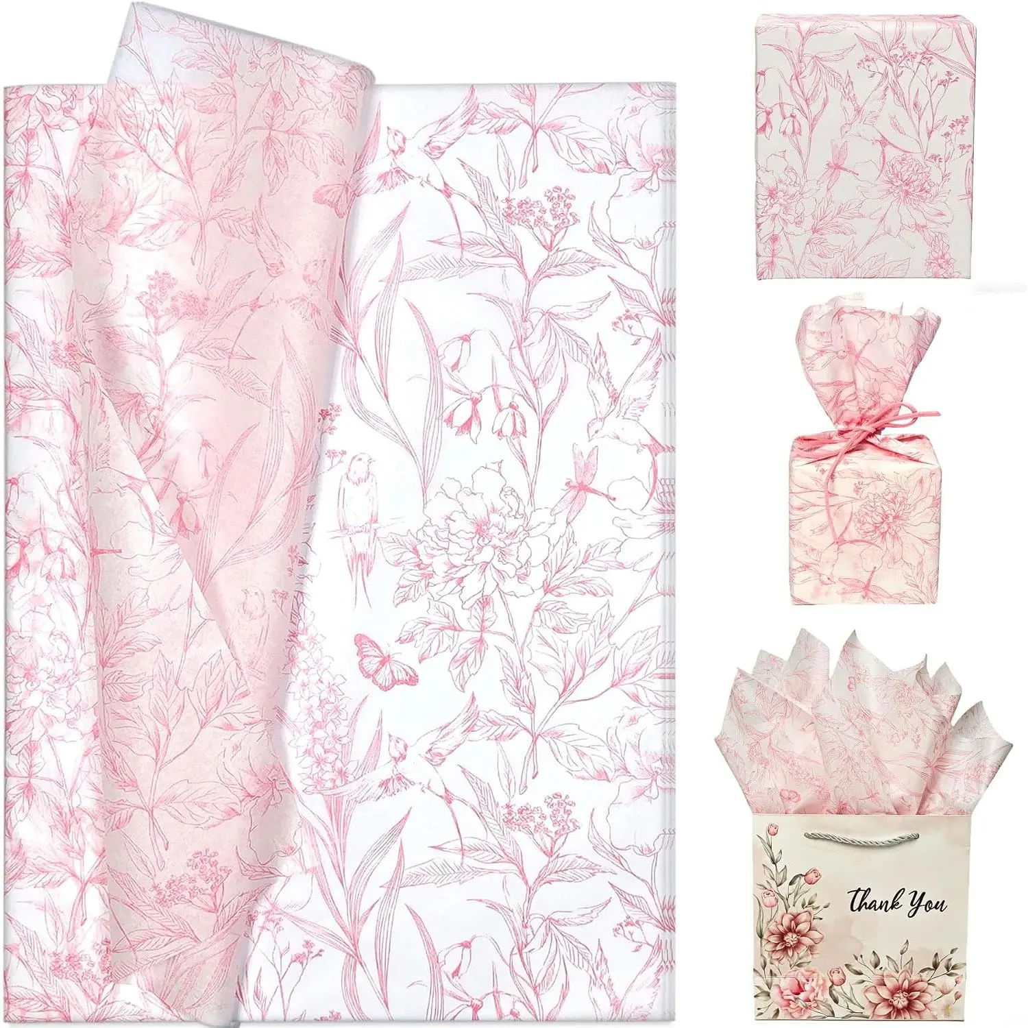 Bulk Pack Printed Floral Bird Tissue Paper - Modern Art Hand-Drawn White Flower Sheets, 60 Sheets 20x14in Office Stationery for Crafters, Gift Wrapping & Wedding Decor Supplies
