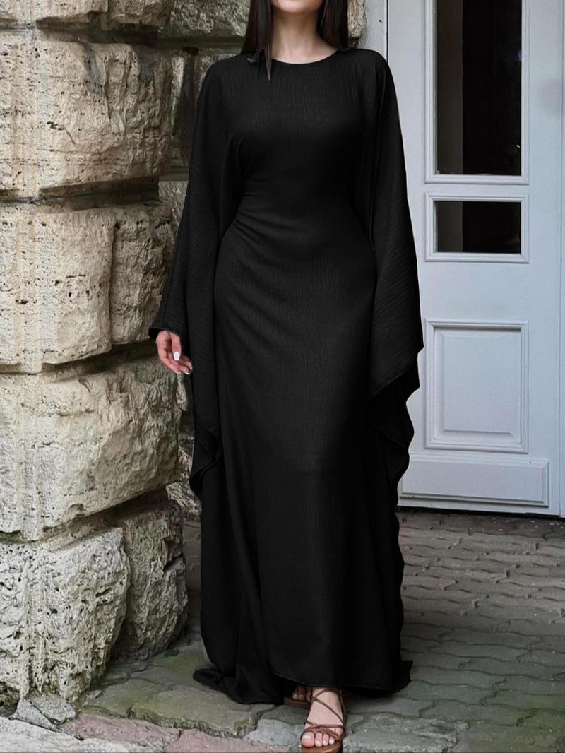 Women's Solid Color Loose-Fitting Batwing-Sleeve Long Dress, Casual Summer Woven Fabric Dress, Perfect for Relaxed Outings