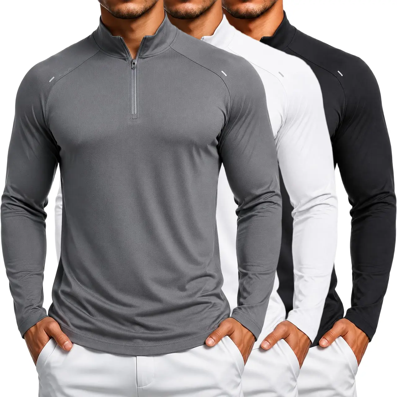 Veiskor High-Quality Men's Golf Quarter Zip Pullover Long Sleeve Shirt - Mock Neck, Quick Dry, Lightweight, Slim Regular Fit Polyester Blend Male Wear for Universal Sport Activities