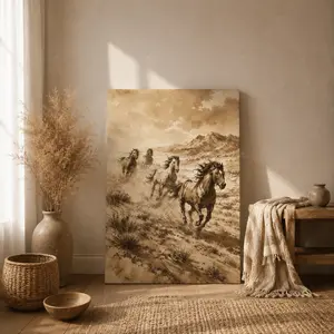 Vintage Sepia Wild Horses Running Vertical Canvas Wall Art, Western Desert Watercolor Poster, Home Decor for Living Room Bedroom Office, Available as Unframed Canvas Poster or Framed Canvas Wrap