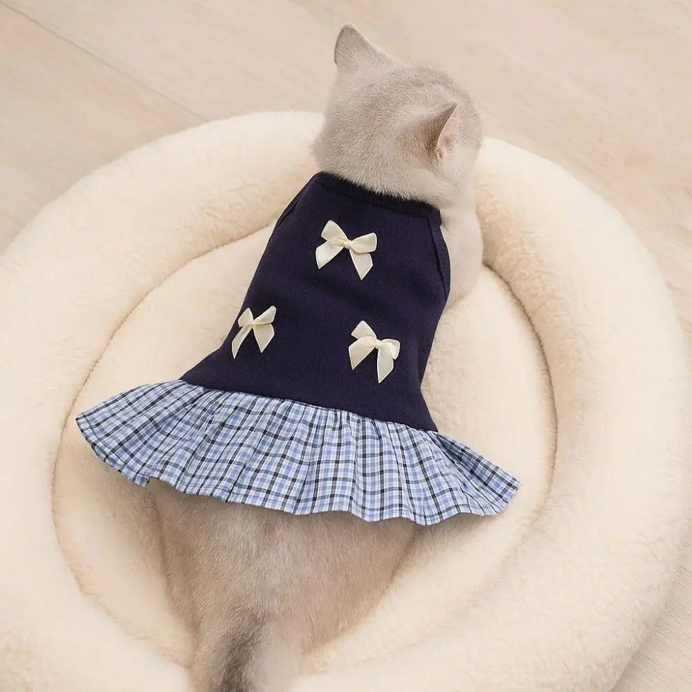Pet Princess Strap Dress - Korean-Style Plaid Bowknot Polyester Fiber Skirt, Breathable Soft Thin Summer Clothing for Puppies Cats, S, 1Pc