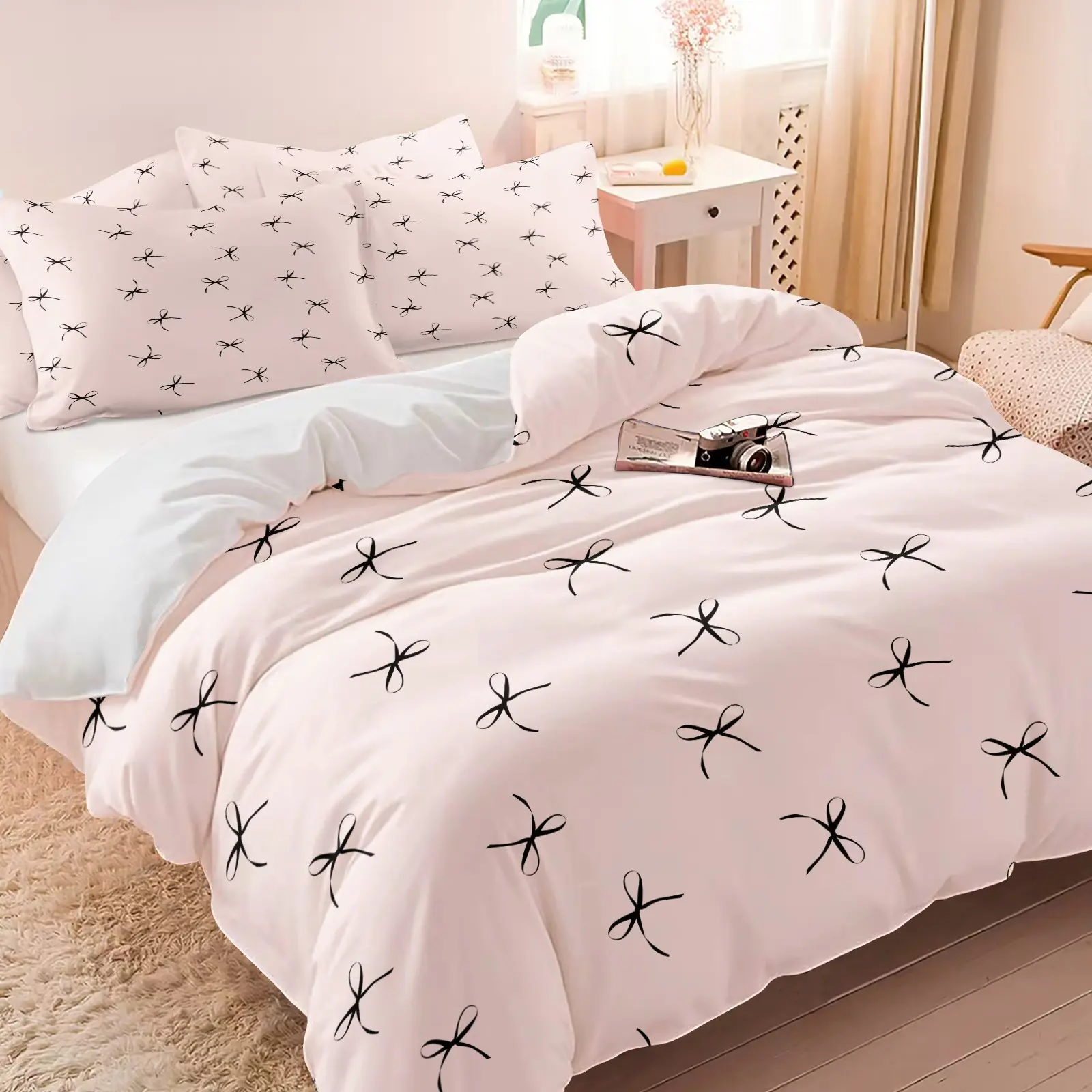 Light Pink Base Tiny Black Line Bow All Over Print Duvet Cover Set (Includes 1 Duvet Cover + 1/2 Pillowcases), Ultra-Fine Fiber Soft, Comfortable & Breathable Comfy Bed Linens, Minimal Coquette Girl Bedroom Decor, HD Digital Printing All Seasons Bedding