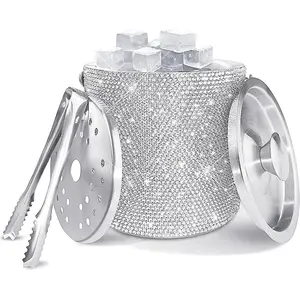 Bling Double Walled Stainless Steel Ice Bucket with Ice Tong & Lid [2 Liter] ，Shiny Insulated Ice Bucket Included Strainer Keeps Ice Cold & Dry, for Home Bar, Chilling Beer, Champagne, Red Wine
