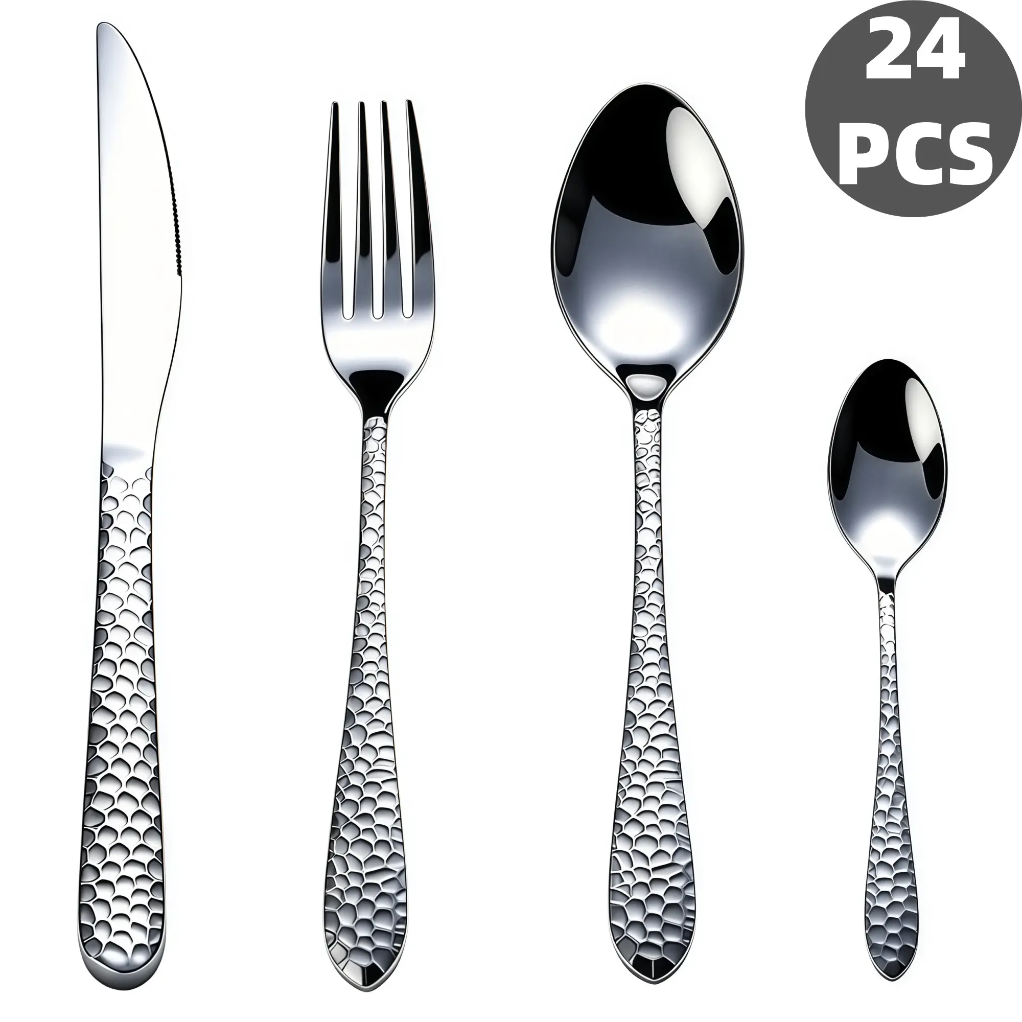 24Pcs Hammered Scale Embossed Handle Stainless Steel Cutlery Set, Mirror Polished Silverware Flatware, Kitchen Tableware, Rustproof Dishwasher Safe, Ideal for Home Kitchen, Family Gathering, Restaurant & Holiday Gifts