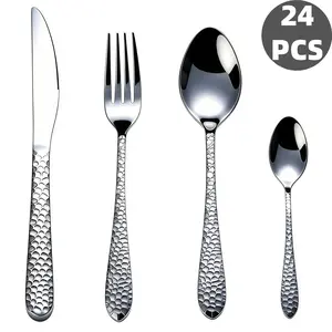 24Pcs Hammered Scale Embossed Handle Stainless Steel Cutlery Set, Mirror Polished Silverware Flatware, Rustproof Dishwasher Safe, Ideal for Home Kitchen, Family Gathering, Restaurant & Holiday Gifts