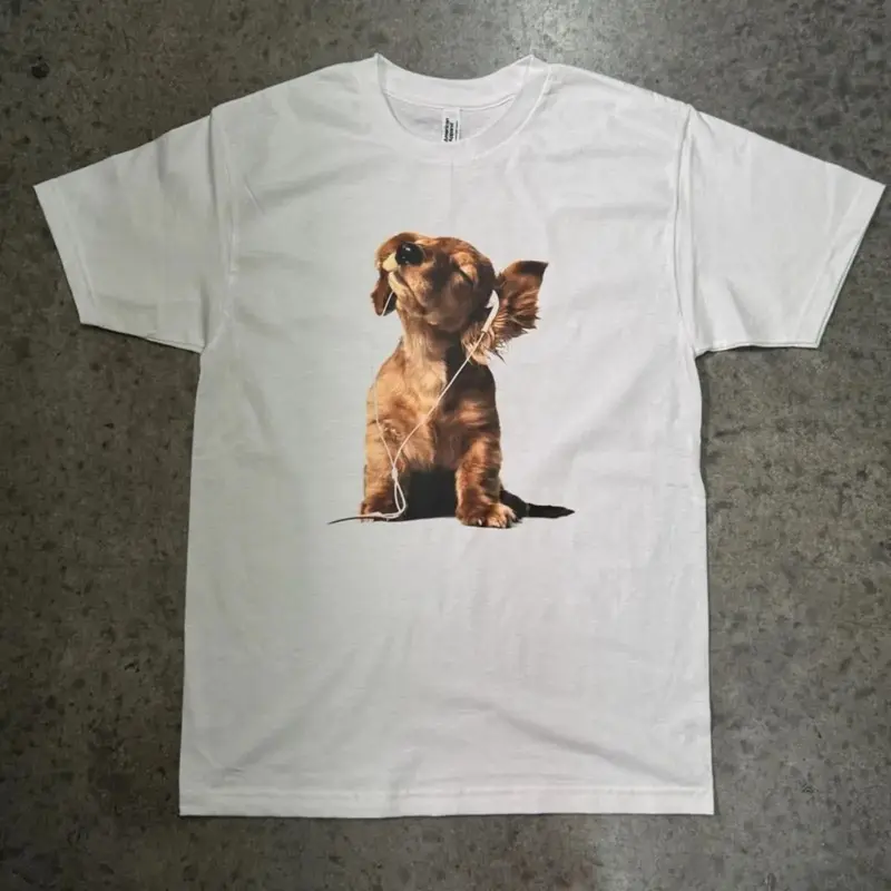 Women's Funny Dog With Headphones Cotton T-Shirt, Slimming Short-Sleeve Garment, Soft Breathable Fabric, Shortsleeve