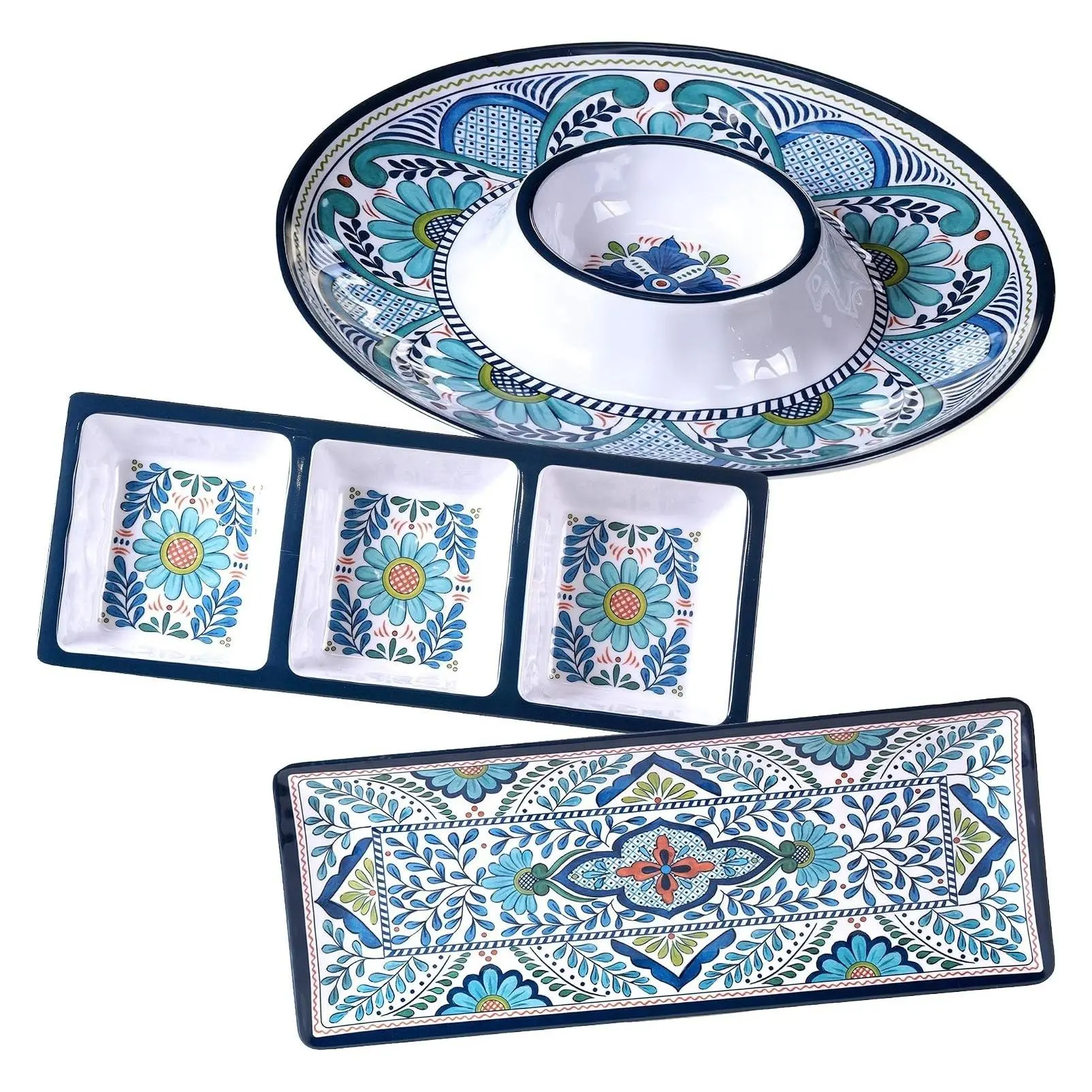 3-Piece Melamine Hostess Serveware Set – Chip & Dip Server, 3-Section Relish Tray, and 19" Rectangular Platter – Colorful Southwest Serving Set for Entertaining & Outdoor DiningGift