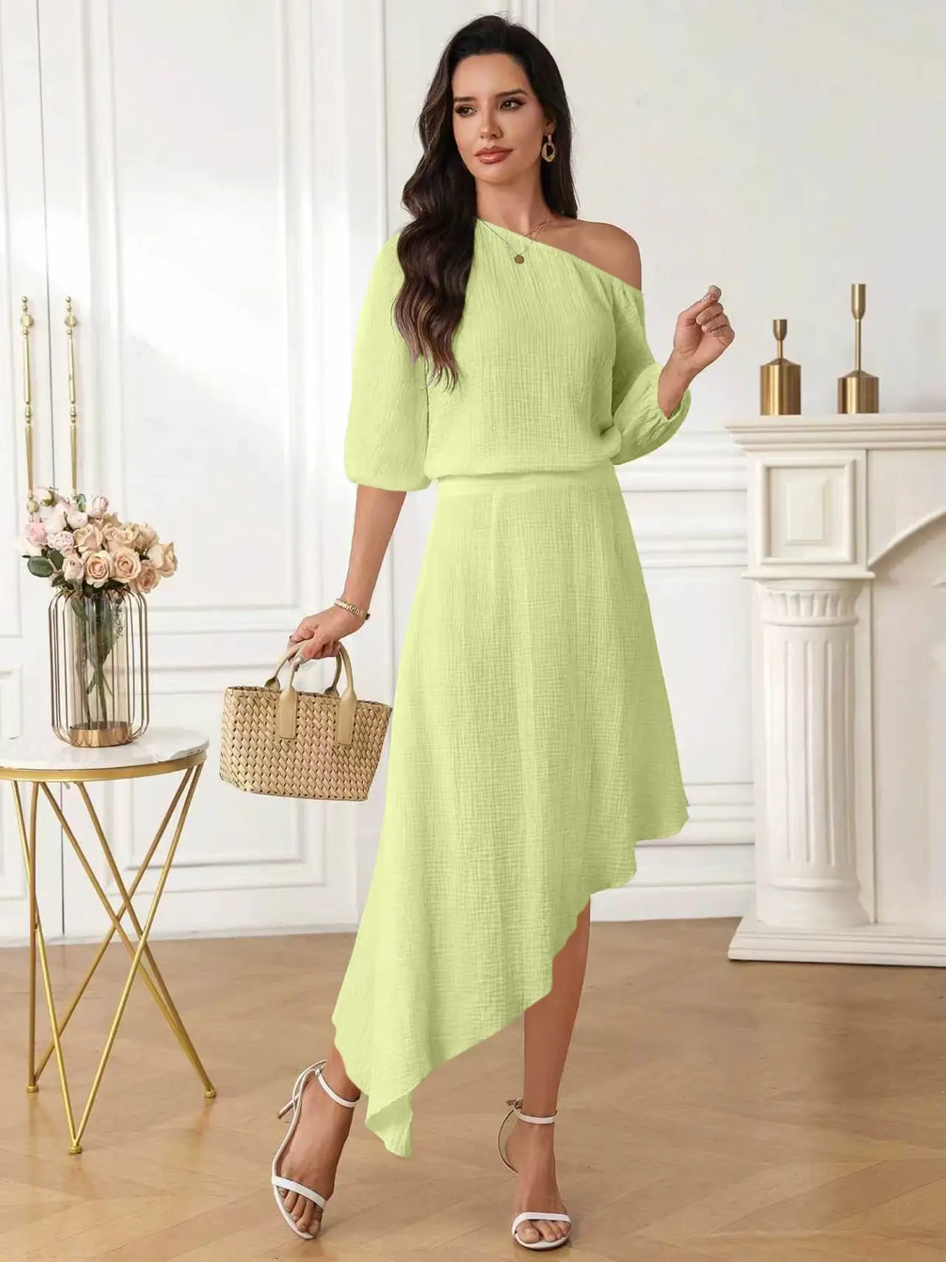 Elegant Asymmetrical Hem Midi Dress Set, Textured Bubble Sleeve Top & High Waist Skirt, Soft Vacation Style Two-Piece