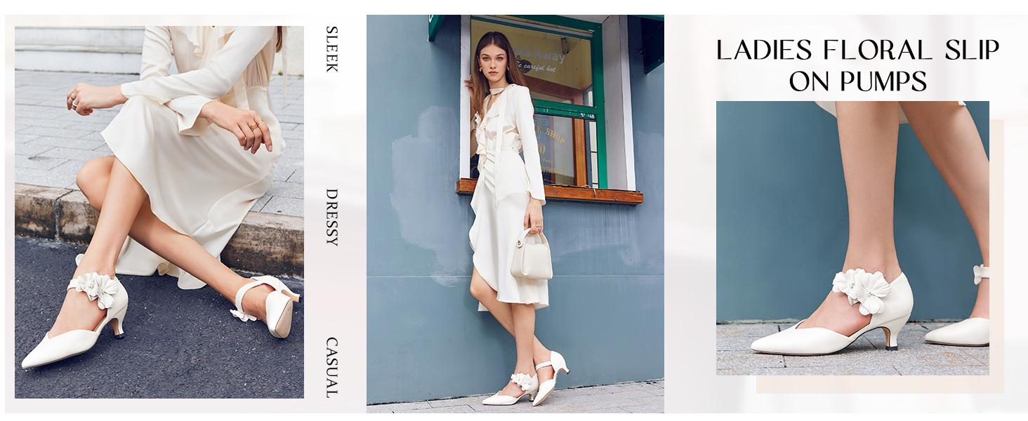 Coutgo Women's Low Kitten Heels Dressy Shoes Comfortable Closed Toe Flower Slip On Formal Party Dance Heeled Pumps Classy Fashion Decor Footwear