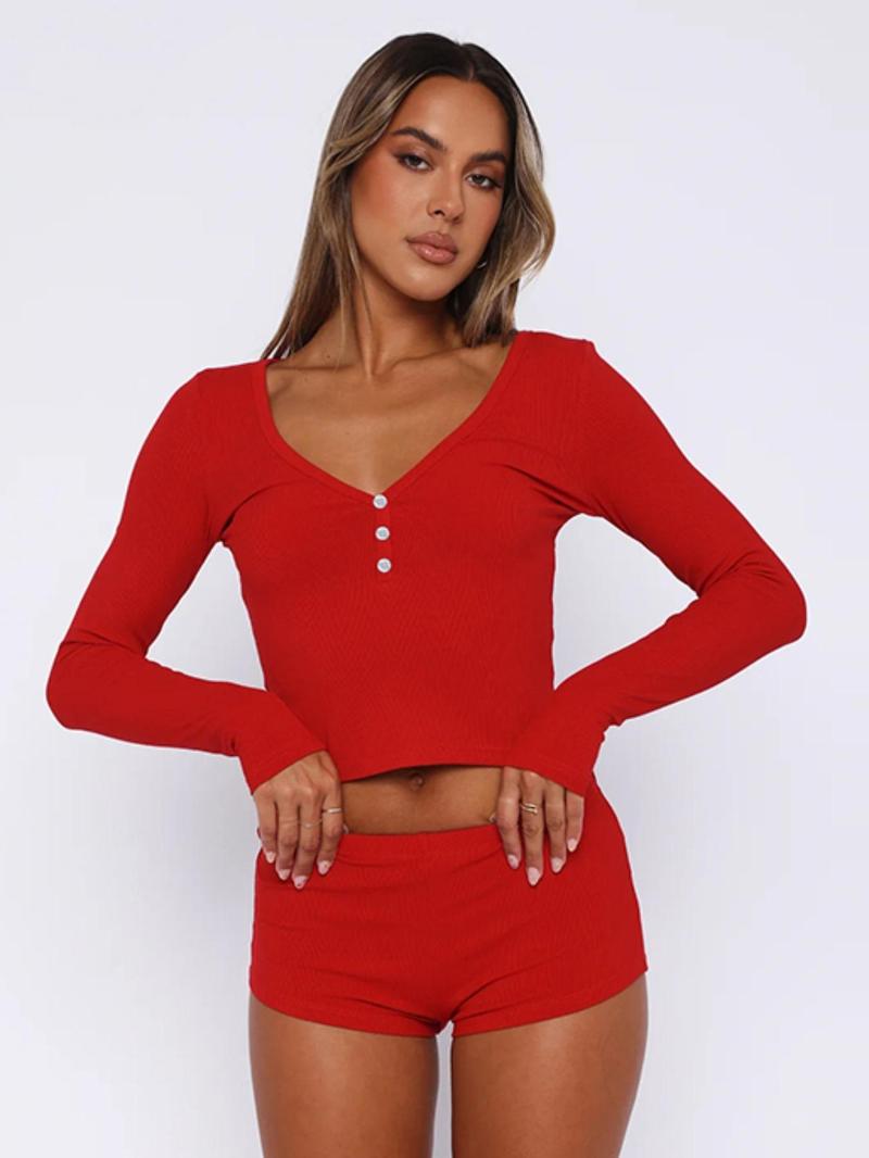 Two-Piece Set Women's Solid Long Sleeve Crop Top & High Waist Shorts Set, Button Front V Neck Top & Shorts Two-piece Set for Spring & Fall, Women's Two-piece Outfits