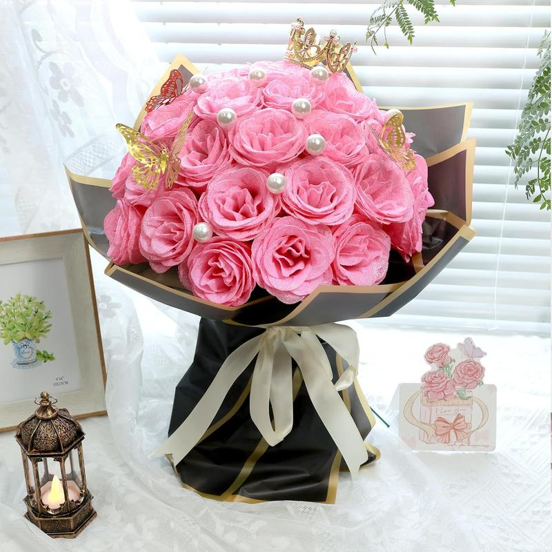 Pink Glitter Roses Bouquet, DIY  Glitter  Bouquet for Valentine, Mother's Day, 24 Roses