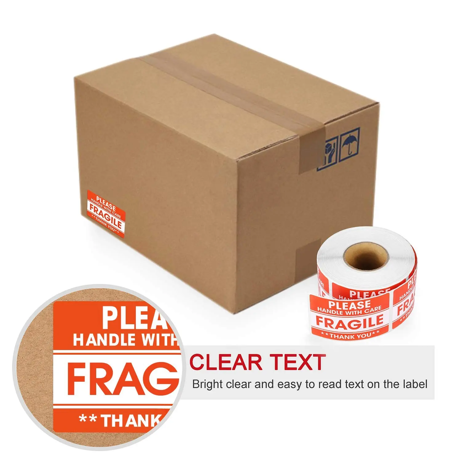 Waterproof Fragile Self-Adhesive Stickers, Careful Handling Labels for Shipping, Moving, Glassware, Permanent Adhesion, Commercial Grade (1 Roll/500 Sheets)