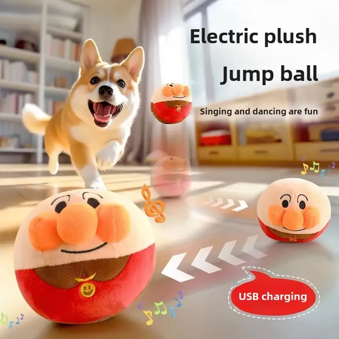 Interactive Plush Jumping Ball Plush Toy - USB Charging, Built-in Music, Pet Training, Peaceful Playtime - Clown Cartoon Dog Piggy Design for Party Bags, Gifts (Home Festive Supplies)