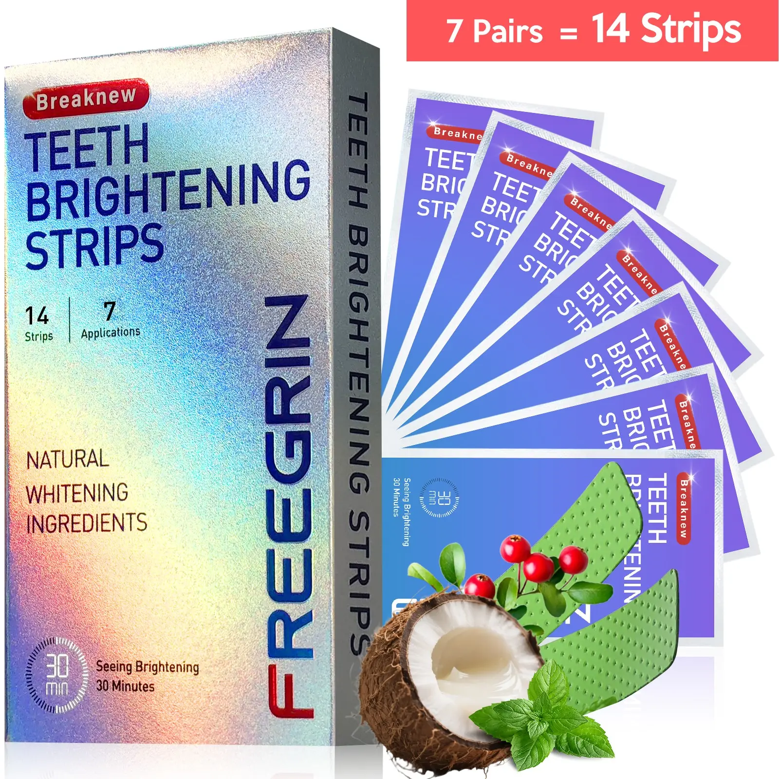 Freegrin Teeth Whitening Strips, 14 Strips, Coconut Mint Flavor, Peroxide-Free, Gentle on Enamel, 30-Minute At-Home Kit