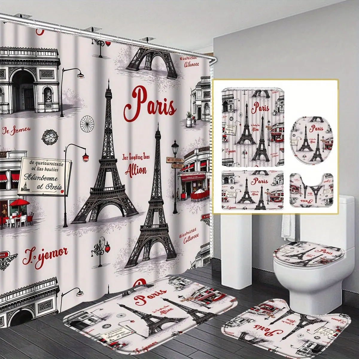 4-Piece Retro Eiffel Tower and Cottage Shower Curtain Set, Durable Bathroom Curtain Set with 12 Hooks, Non-Slip Bathroom, Toilet U-Shape, Toilet Cover, Modern Bathroom Decor, Perfect for Home Decor and Housewarming Gifts