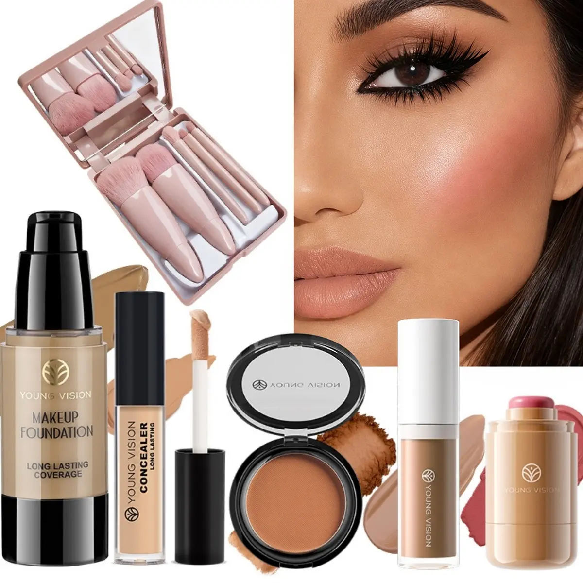 YOUNG VISION  Beginner Makeup Kit, Complete Foundation Set with Tools, Easy-To-Use for Daily Looks, Perfect for Beginners, Face Makeup Set