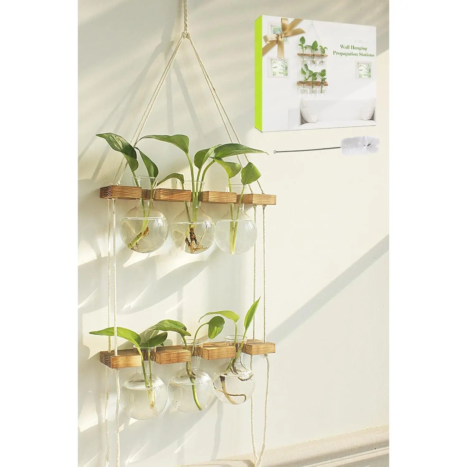 Propagation Station Wall  with 2 Tiered Wooden Stand |  Terrarium for Hydroponics ,  Gardening Gifts for Women Mom  Lovers - 6 Bulb Glass Vases