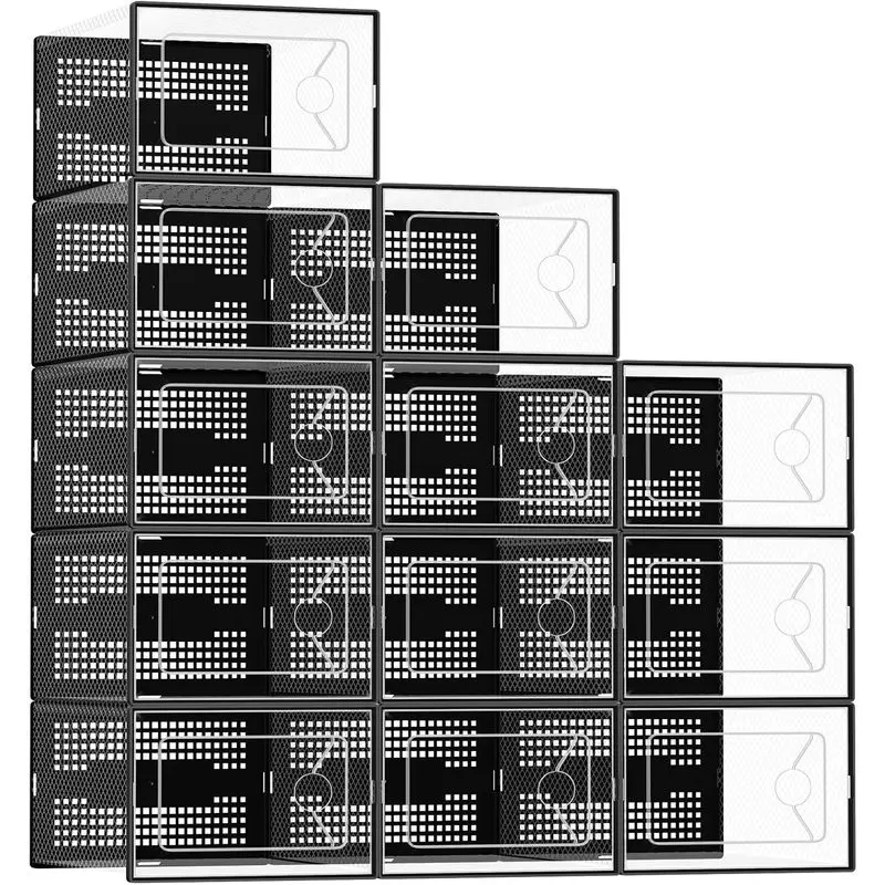 12 Pack Clear Shoe Storage Boxes with Lids, Stackable Plastic Sneaker Display Cases for Closet, Under Bed and Entryway, Fits Men's US Size 11, Black,Panther
