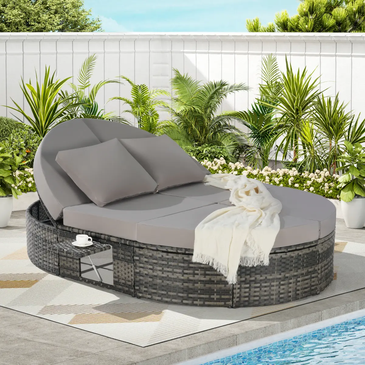 Aobtkel Handcrafted Casual Round Poolside Sun Bed - Eco-Friendly Anti-UV Aluminium Frame, Chlorine-Resistant Weatherproof Foam Cushions & Pillows, Adjustable Backrests, Foldable Cup Trays, Pre-Assembled Ergonomic Wave Design Gray Rattan Backyard Recliner