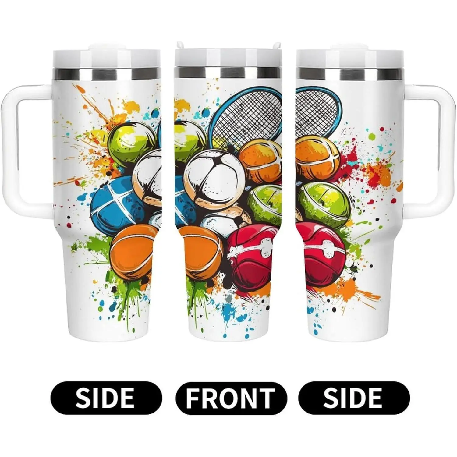 Sports Balls Splash Tumbler Insulated Travel Coffee Mug Car Cup Stainless Steel with Lid Handle Straw 40OZ
