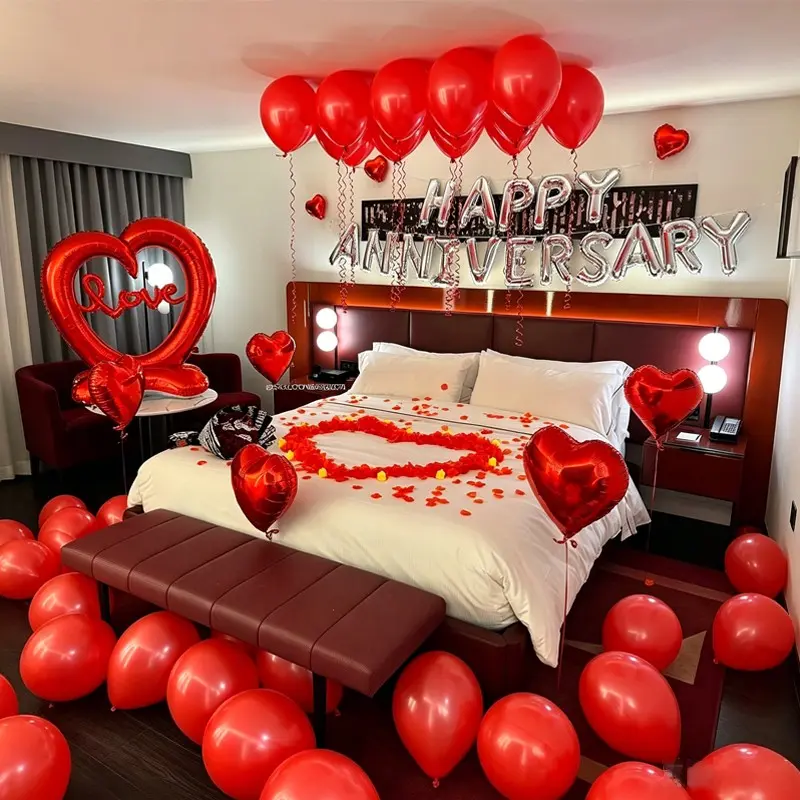 Anniversary Love Balloon Set with Artificial Rose Petals and Large Standing Heart, Perfect for Proposals, Valentine's Day, Anniversaries