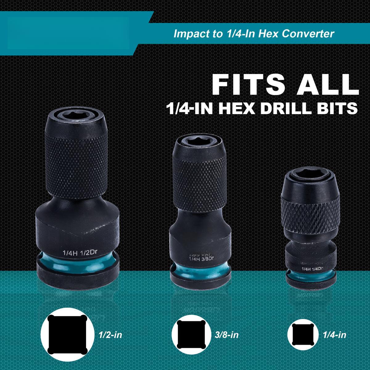 Impact to 1/4 Hex Converter, 1/2 3/8 1/4-INCH Drive Female to 1/4-Inch Hex Adapter, Impact Wrench Adapters for Ratchet Wrench Drivers, Impact Bit Holders, Quick-Change Chuck, Cr-Mo Steel