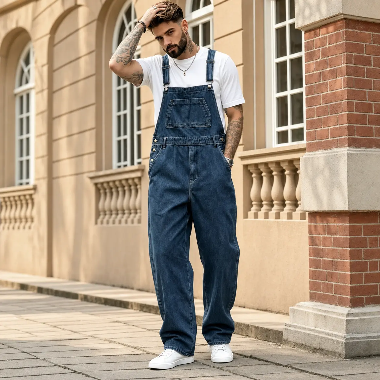 Men's Medium Wash Denim Overalls, Retro Slouchy Fit Workwear Jumpsuit, One-Piece Cargo Pants for Men, Casual Vacation & Streetwear Daily Wear,style,all-season,relaxed,cotton,baggy,campus,comfortable,plain,flanel Romper  ,  Menswear