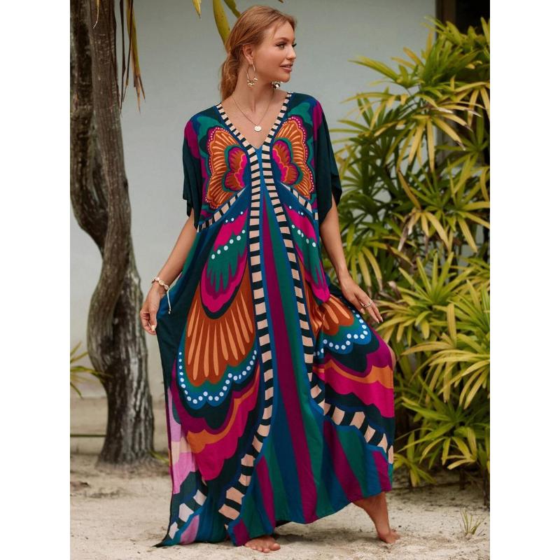 All Over Batwing Sleeve V Neck Maxi Dress,  Moo Moo Dress Summer Designer Clothes, Womenswear Boho Comfort Womenswear Half Sleeve Kaftan for Lady, Holiday Dresses, Clothing for Casual Wear Back To School Moo Moo Dresses