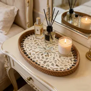 Elliptical Rattan Storage Tray, Bohemian Style with Pearl Shell Inlay, Handmade Fruit Tray, Decorative Jewelry and Tea Box