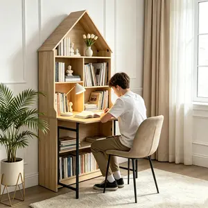 Natural Wood Wall-Mount Convertible Hideaway Desk with Storage Shelf, Fold-Out Floating Work Vanity Craft Table, Reinforced Metal Frame Space-Saving Wall Desk for Small Apartment Home Office