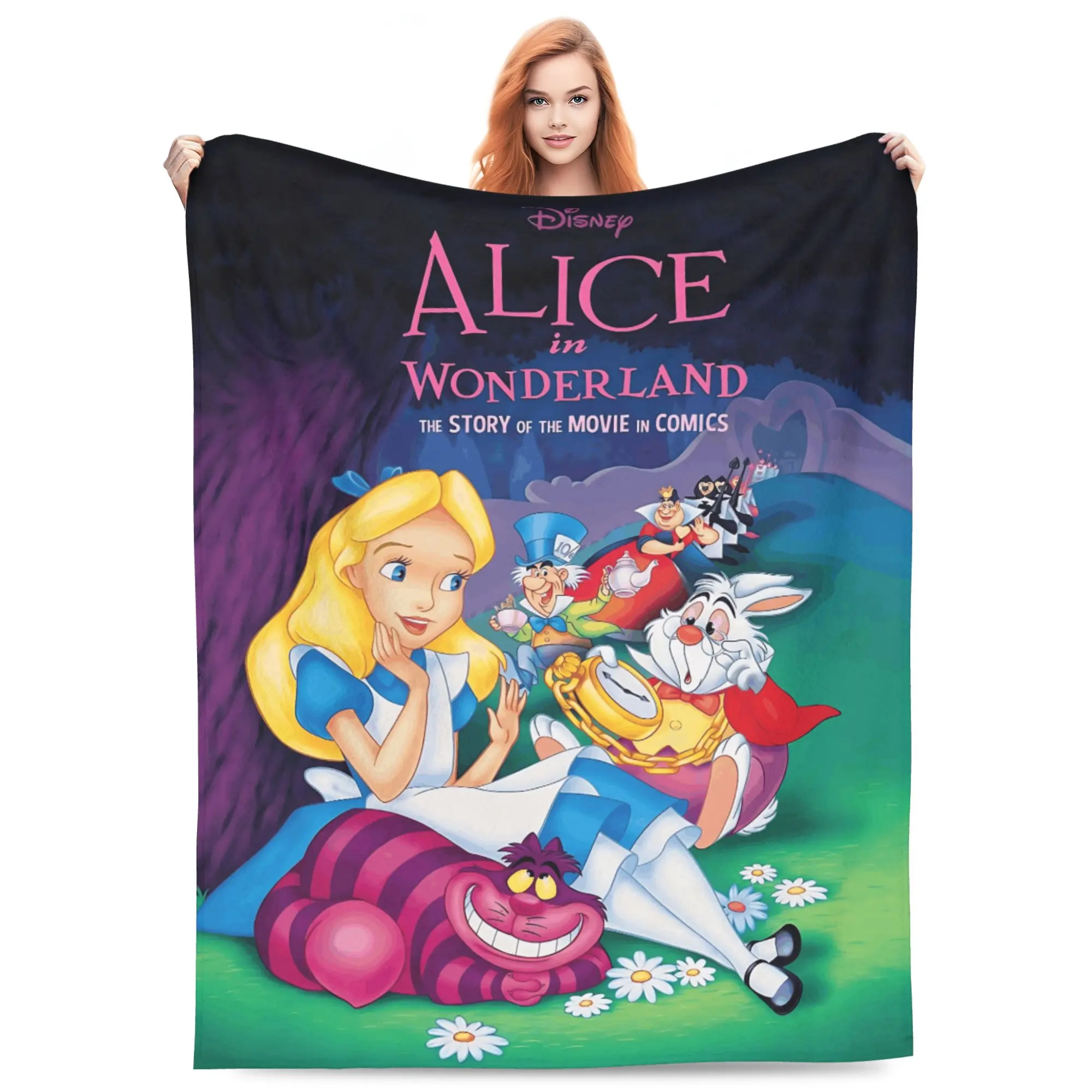 DISNEY CLASSIC Alice in Wonderland Comic Poster Throw Blanket, Alice Cheshire Cat White Rabbit Mad Hatter Daisy Grass Dark Purple Forest Cartoon Print Flannel Fleece Blanket Soft Cozy Blanket for Sofa Bed Gift for Fairytale Lovers Kids
