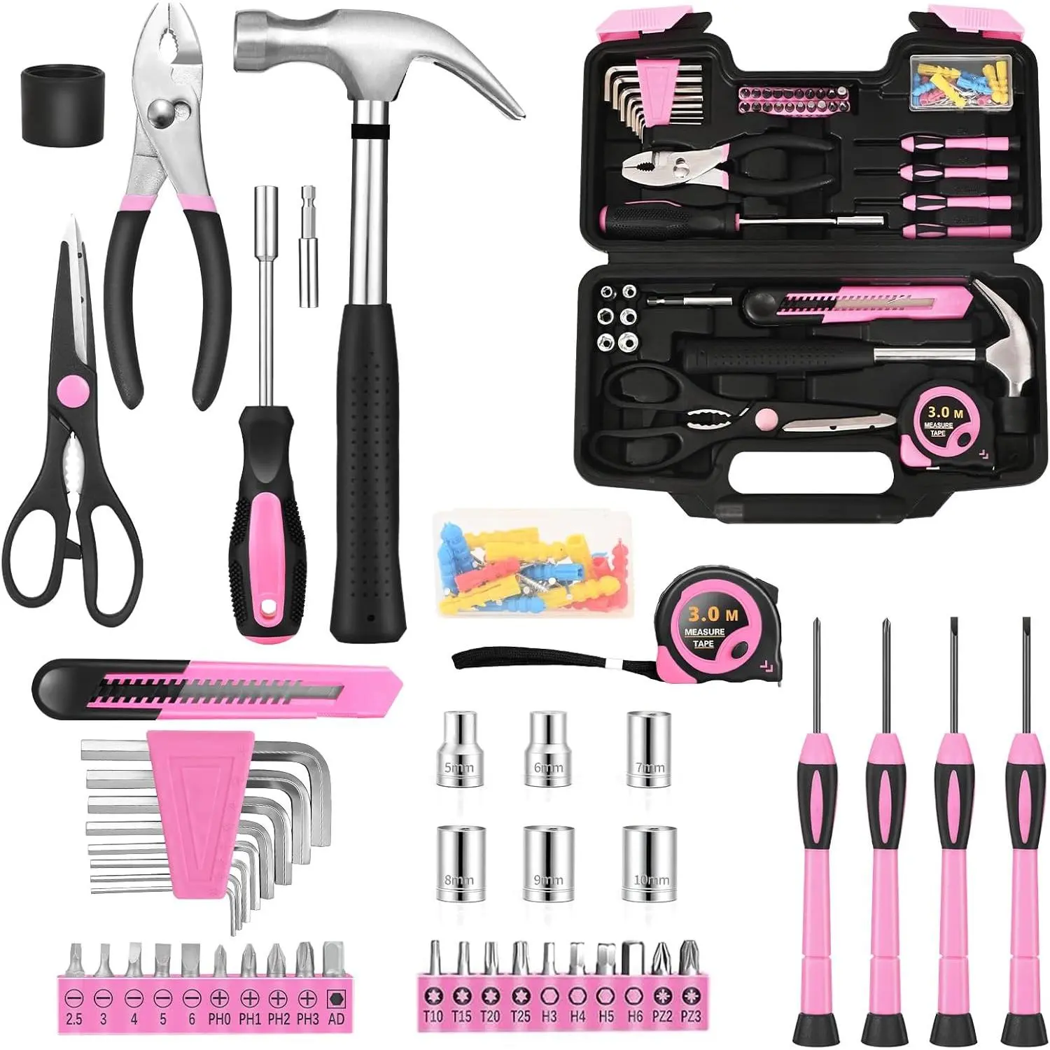 132-Piece Home Tool Kit for with Toolbox Pink |   All Purpose Home Repair Tool Set with Case, Small Tool Kit, Office College Dorm & DIY Projects Use