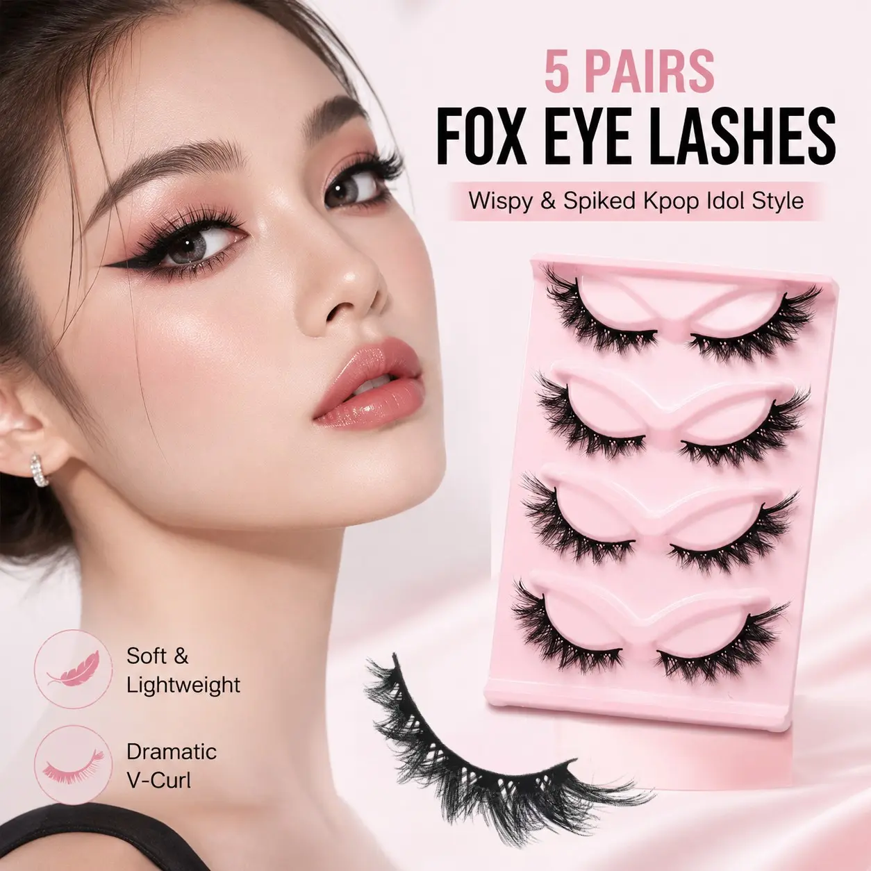 5 Pairs Cat-Eye False Eyelashes, V Curl Twisted & Crossed Over Fox Lashes, Wispy Spiked European & Kpop Idol Style, Soft Fluffy Dramatic Lashes for Stage & Photoshoot