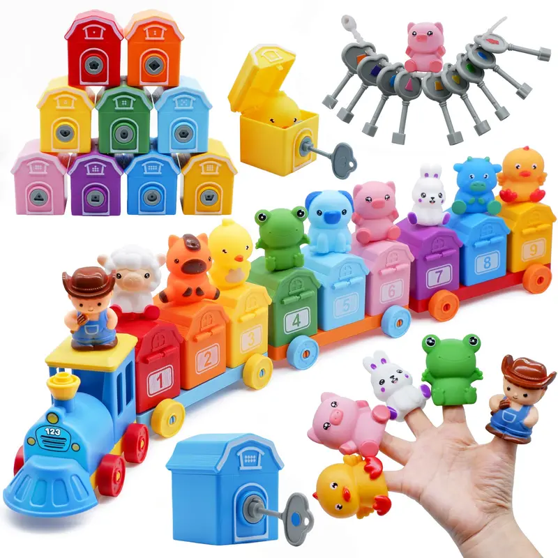 Montessori Learning Toy, Preschool Learning Materials, Counting, Matching & Sorting Learning Farm Train Activity Train Set with Farm Animals Finger Puppets Keys to Lock and Unlock Barn, Birthday Gift for Baby Boys Girls