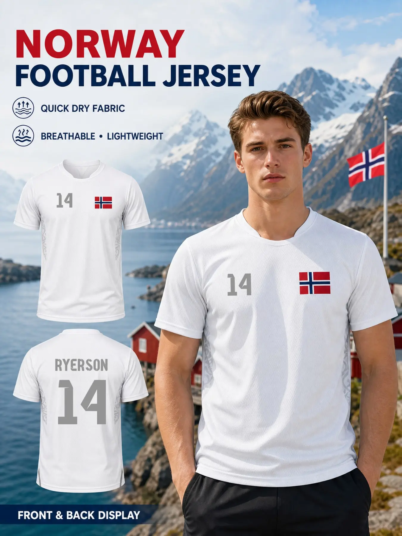 2026 Men's Norway National Team Soccer Jersey, Quick-Dry Mesh Short Sleeve, Breathable Lightweight, Fan Training Sports Wear, Football Jersey