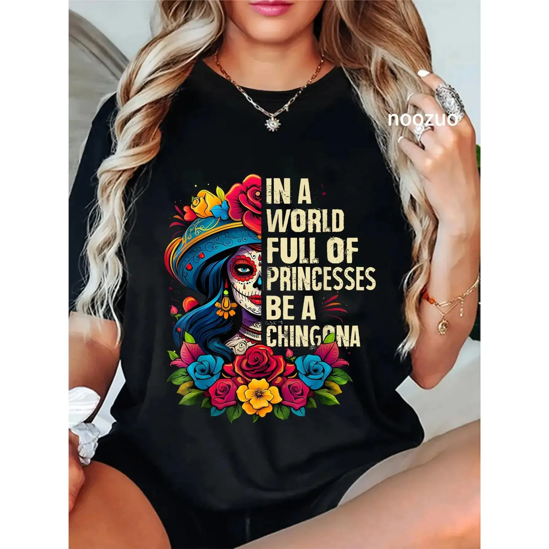 Women's   TShirt with La Catrina Graphic Print, Vintage Day of the Dead Streetwear Style, Casual Fit, Round Neck, Breathable  Keeps You Cool, ArtistInspired Women's TShirts, Distr Cotton Menswear Graphic Crew Neck Top Womenswear Streetwear Crewneck Tshirt