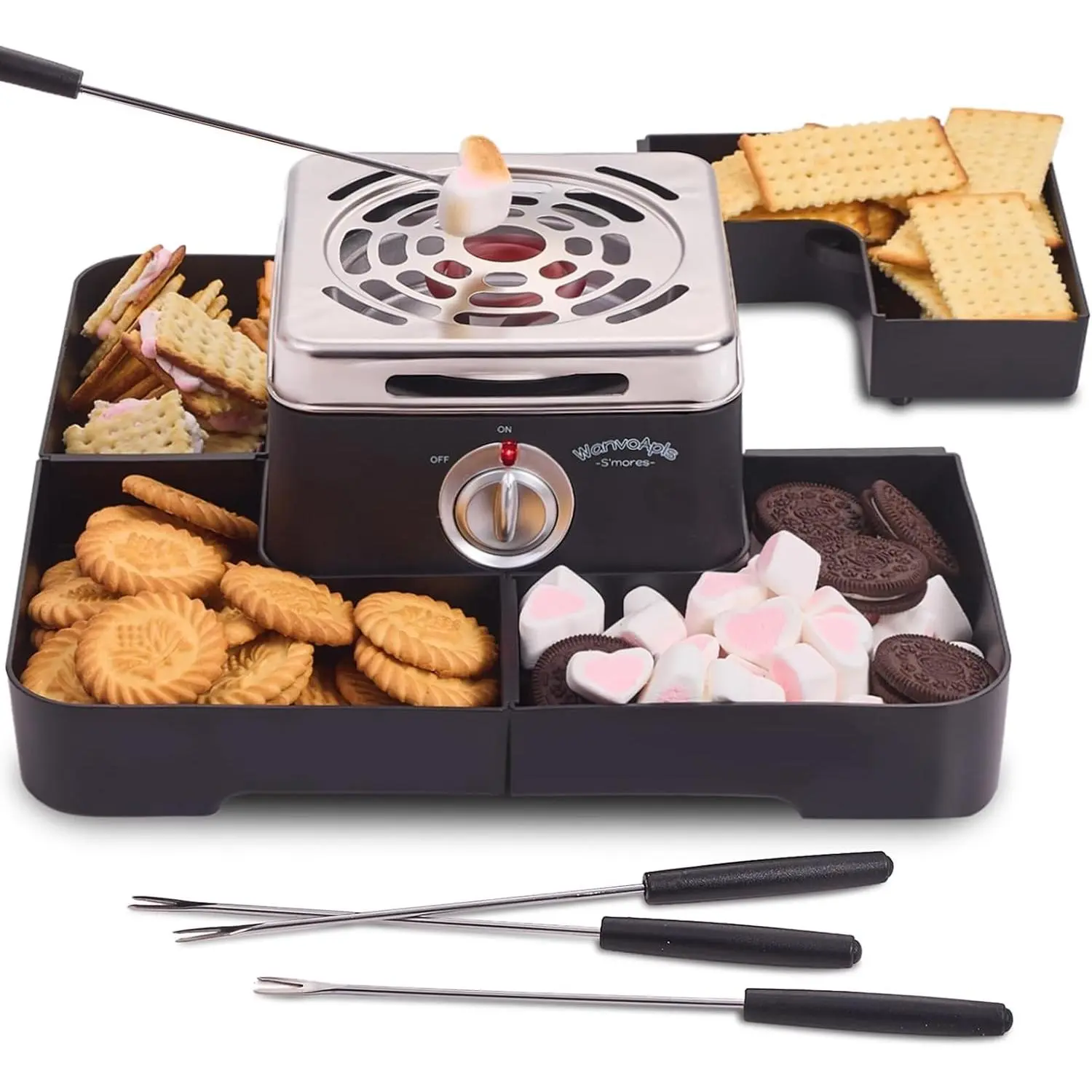 Electric Smores Maker - Indoor Smores Kit with 4 Detachable Trays, 4 Stainless Steel Forks - Flameless Smores Maker Tabletop Indoor Kit (Black)