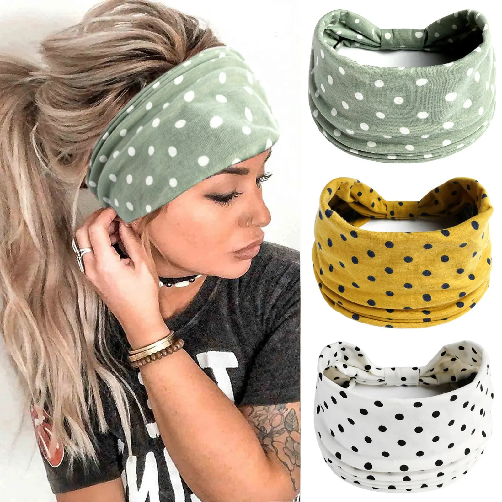 Women's Polka Dot Turban Headband - Wide Fit Elastic Band Workout Hair Accessory, Knotted Twisted Fabric, Breathable Stretch, Anti-Wrinkle, Sweat-Wicking, For Yoga & Daily Outfits