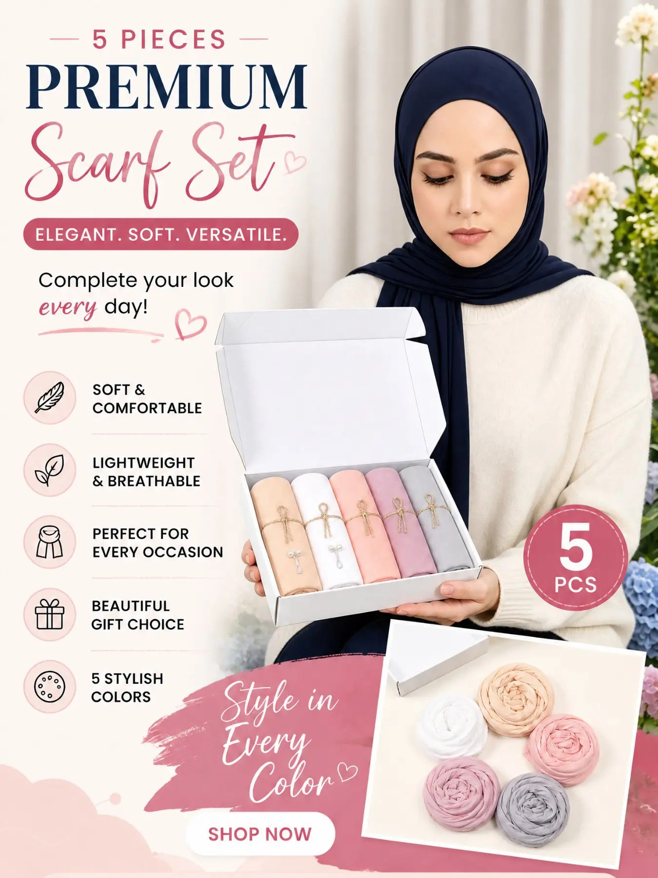 5 pieces per box Solid Color Muslim Hijab Gift Set for Women (Set of 5 Long Scarves with Pins), jersey hijab, 165*55cm, versatile stylish scarf and shawl hijab, suitable for daily wear and holiday gifting, matching accessory for abayas