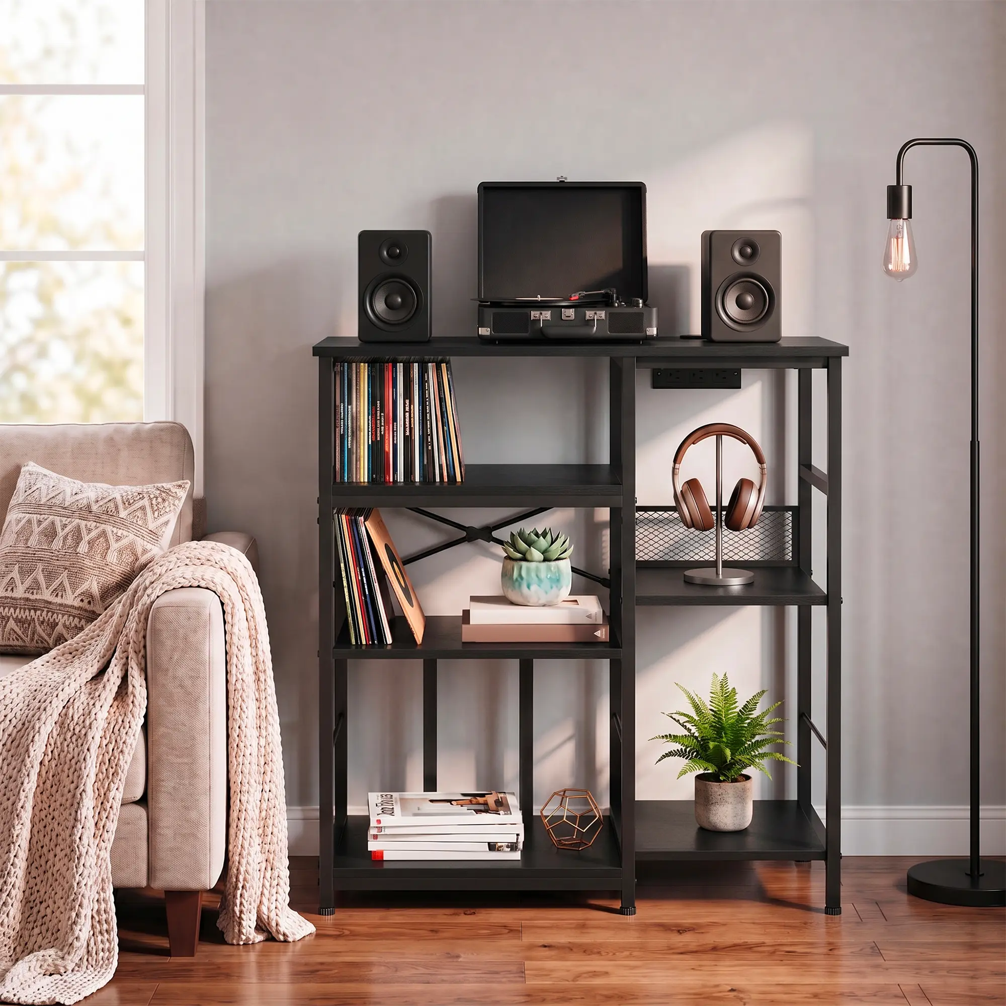 4-Tier Large Record Player Stand & Media Console for Living Room - Vinyl Storage for 7/10/12 in vinyl records, Mid-Century Style - Color: Sunset Cloud