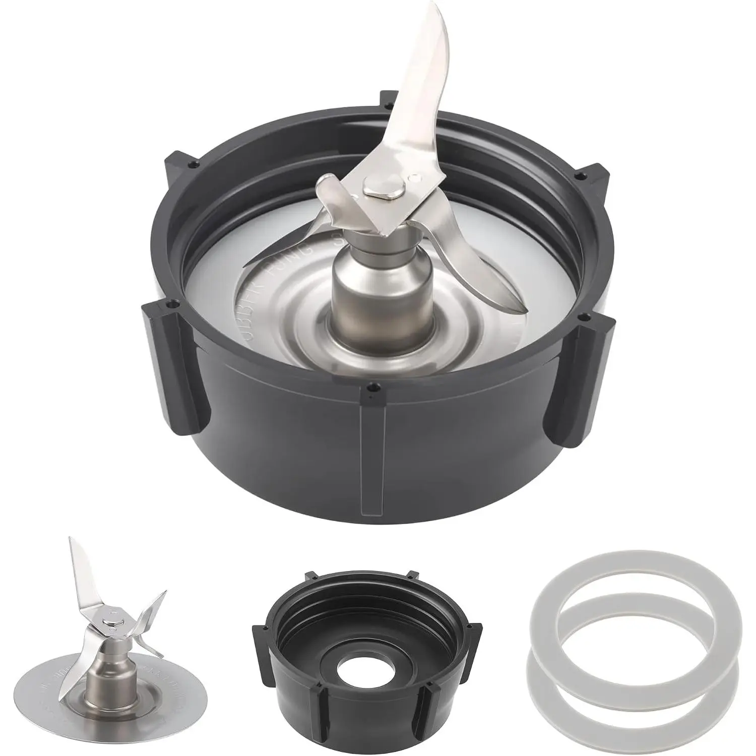 Blender Replacement Parts Kit for Pet Kitchen Use - 4-Point Food-Grade Stainless Steel Ice-Crushing Blade, 2.75in Blade Base Outer Diameter, Sturdy BPA-Free ABS Jar Base Cap, 2 Premium Flexible Rubber Seal Gaskets