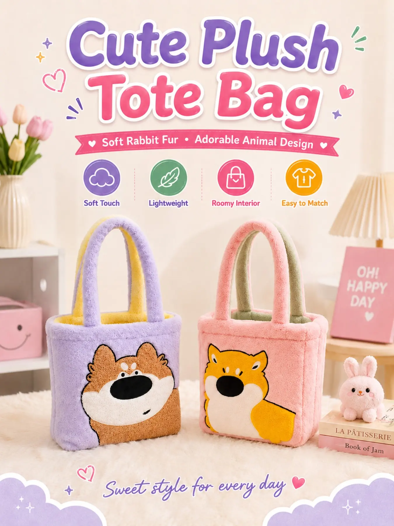 Cute Bunny Plush Cartoon Tote Bag for Women, Large Capacity Shoulder Bag, Lavender Puppy/mint Cat Colors, Soft Lightweight, Perfect Gift