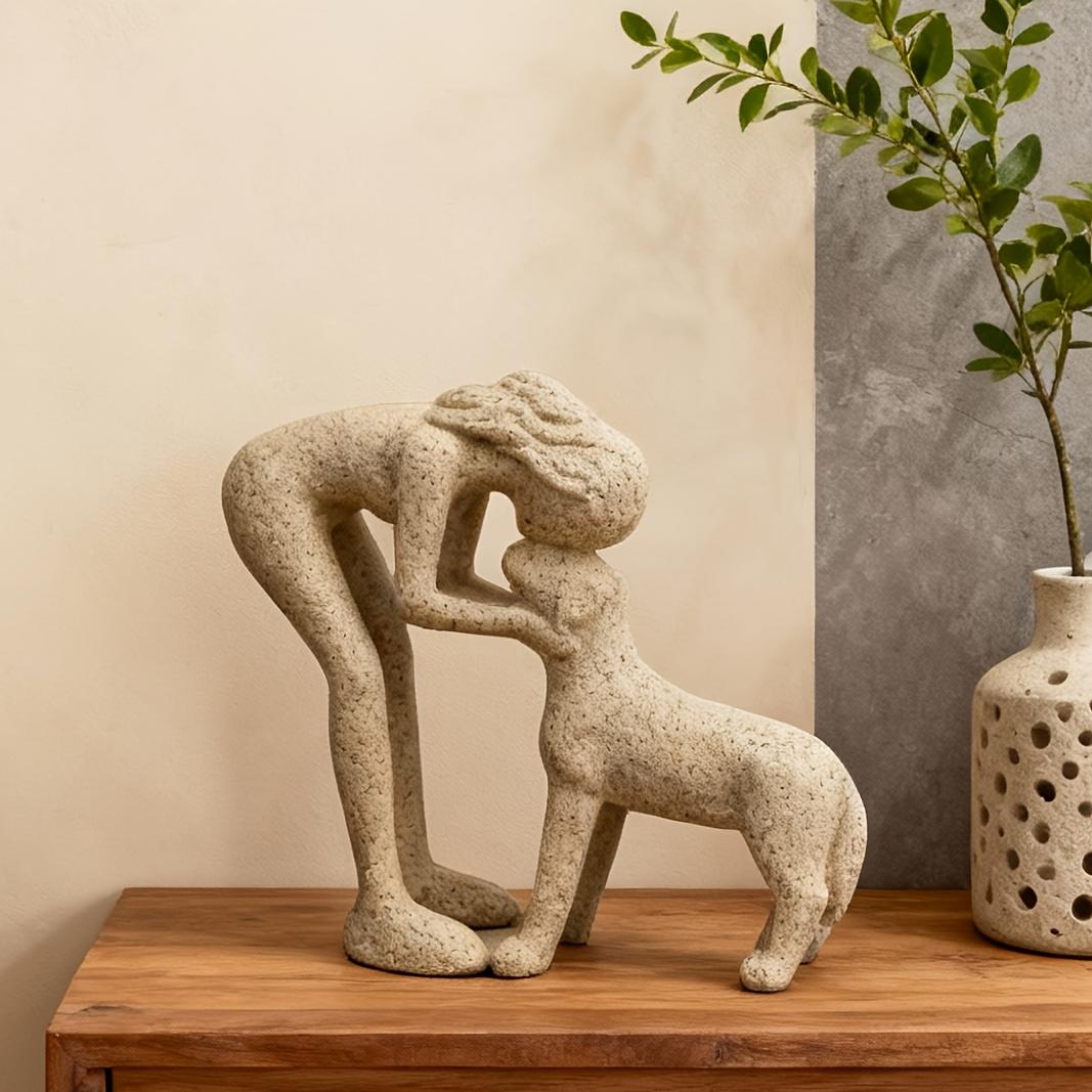 Woman Kissing Dog Resin Sculpture, Elegant Pet Interaction Art, Indoor Outdoor Home Decor, Durable Resin Figurine, Perfect Gift