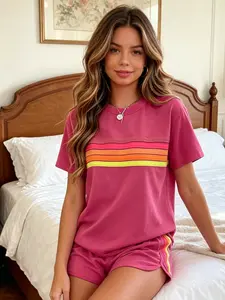 Two-piece women's fashion casual sportswear set, Activewear Set, Athleisure Activewear Set, loose and slim-fit with rainbow striped design, perfect for summer, vacations, indoor, and outdoor wear