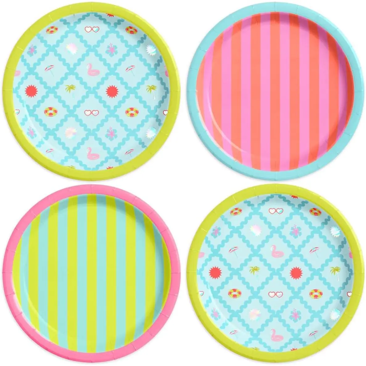 Fetti Pool Party Paper Plates - 3 Designs, 24 Pcs 9 Inch | Kids Decorations, Summer Birthday Decor, Stripe Tablescape, Colorful Table Setting