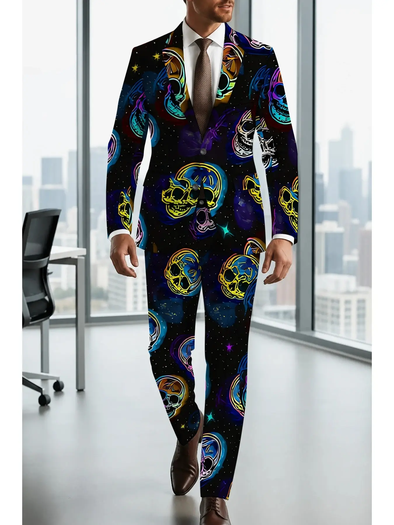 Men's Blazer Set with Neon Skull Print, Long Sleeve Slim-Fit Casual Suit, Halloween Party Fashion, Two-Piece
